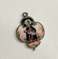 Antique silver pendant with fire enamel image of Mary Jesus