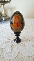 Antique Russian, hand-gilded, painted wooden egg on a base