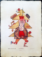 Ef Zámbó István - Rohanó karácsonyfa 31 x 22 cm EBP, merített papír