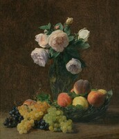 Latour - still life with flowers, grapes, peaches - on canvas reprint blind