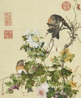18. századi kínai selyem festmény reprint nyomata, sárga és fehér őszirózsa krizantém virág madarak
