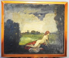 Painting by Béla Iványi Grünwald (1867 - 1940) - female nude on the lawn - original, marked!
