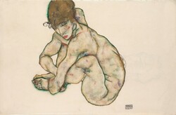 Egon Schiele - squatting naked girl - canvas reprint on blindfold