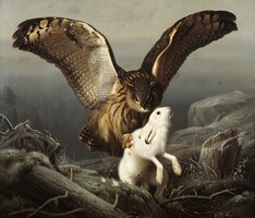 Von wright - eagle owl grabs a rabbit - canvas reprint blindfold