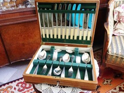 Sheffield, 6-seater, old, marked, silver-plated, 4-course, 38-piece cutlery set in box
