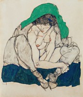 Egon Schiele - Guggoló nő zöld fejkendővel - vászon reprint vakrámán