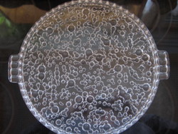 Art deco különleges buborékos üveg füles torta tál, kínáló