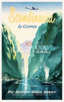 Retro utazási reklám Skandinávia fjordok szikla hegy tájkép tó hajó repülő Vintage plakát reprint