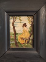 Lady in yellow dress in the grove 100 years old oil painting in black frame without signo vintage feeling
