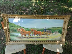 Hintót húzó barna lovak hatalmas méretű festmény
