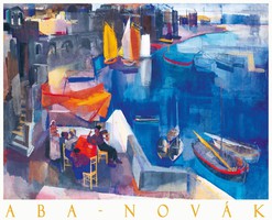Aba-Novák Vilmos Kikötő 1930, művészeti plakát, mediterrán tengerpart Adria kisváros látkép hajók