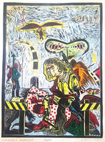 Ef Zámbó István - Furulyázó önarckép 34 x 25 cm színezett linómetszet, merített papír 1974