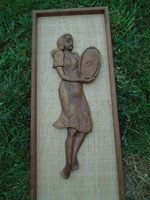 Woman holding 61 x 26.5 cm bread framed by linden wood, hand-carved female relief sculpture