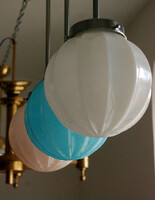 Art deco krómozott mennyezeti lámpa szett felújítva (3 db) - "cikkelyes" kék, rózsaszín, fehér búra