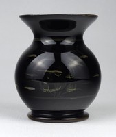 1I989 old small hand painted fish motif in black glass vase violet vase