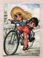 Régi Michel Thomas képeslap, gyerekek, bicikli