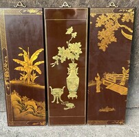 Old Chinese or Japanese gilded hand painted large lacquer wood wall plaque image China Asia