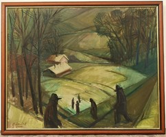 Károly Móczár (1917-) winter landscape 1964 c. Oil painting with original warranty! Size: with frame: 107x87c