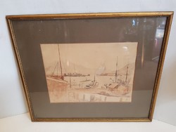 Timon Signed Seaport Harbor Painting with Ships and a Warship in the Background