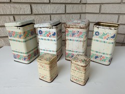 Régi konyhai tároló fém pléh doboz vintage lisztes fűszeres fémdoboz 6 db