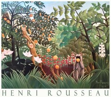 Henri Rousseau exotic landscape 1910 naive painting art poster, tropical jungle monkey primeval forest