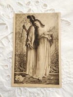 Antique Hungarian slightly erotic art sheet / postcard ladies in veil, Art Nouveau style 1918