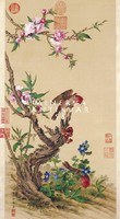 18th century Chinese silk painting reprint print, spring pose with nature flowers bird couple