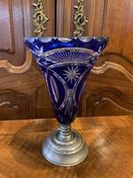 Leárazás! Antik jelzett ezüst talpas lila kék metszett kristály nagyméretű váza 30 cm
