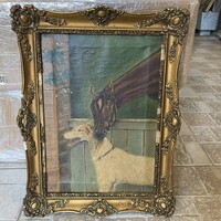 Equestrian oil painting in antique picture frame