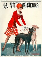 Francia magazin címlap 1928, reprint kutyás nyomat, agarak angol agár olasz whippet lány piros ruha