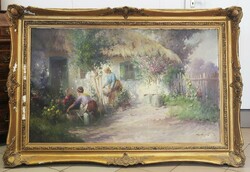Women gardening on a carpenter's branch (1889 - 1947) - oil painting. Original, signaled. Big size!