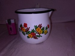 Enamelled, floral, beaked, pouring pot with handle