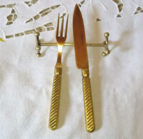 Old copper cake knife, cake fork and cutlery holder buck