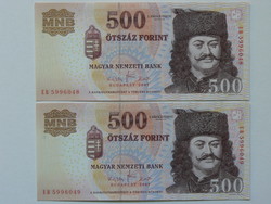 2 BD SORSZÁMKÖVETŐ 500 FORINT BANKJEGY, 2007 EB SOROZAT, UNC.