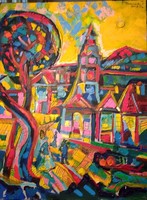 Kozma István "Felsőbánya" c. élénk színfoltokból megkomponált gyönyörű, színgazdag festménye