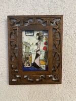 Very nice special fire enamel picture in openwork wooden frame.