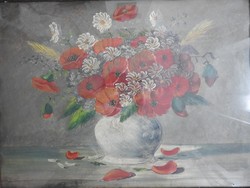 An antique poppy and daisy flower still life - unknown creator - is indicated