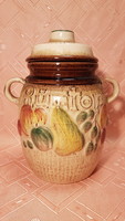 Old, large (30 cm high) glazed pottery with lid, rumtopf (fruit ripener)