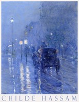 Childe hassam rainy midnight 1890 painting art poster night street view automobile lights night blue