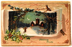 Antique embossed New Year greeting litho postcard with winter landscape holly