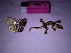 Vintage pillangó és gyík bross, kitűző - együtt