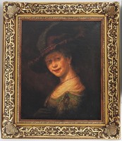 Női portré kalapban-Olajfestmény-Biedermeier korszak-eredeti. XIX. század. Tűzaranyozott fakeretben.