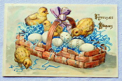 Antik dombornyomott Húsvét üdvözlő képeslap csibék kosár tojás