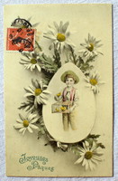 Antik VV Vienne grafikus Húsvéti üdvözlő képeslap kisfiú ketrecben csibékkel tojás virág