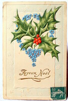 Antik dombornyomott Karácsonyi üdvözlő  litho képeslap magyal nefelejcs