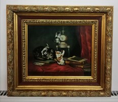 Very old fabulous kitten painting in antique frame (size 33 x 38, oil)