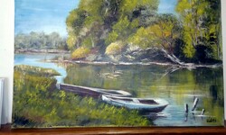 Nagy vászonkép:"SZIGETKÖZ -csónakok,erdők"festmény 70x 50 cm