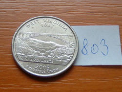 Usa 25 cents 1/4 dollar 2005 / p philadelphia, west virginia - the mountain state, g. Washington # 803