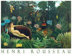 Henri Rousseau Álom 1910 naiv festmény művészeti plakátja, dzsungel őserdő oroszlánok női akt virág