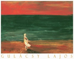 Gulácsy Lajos Bíbor és smaragd 1906 festmény művészeti plakátja, köpenyes alak tengerpart naplemente